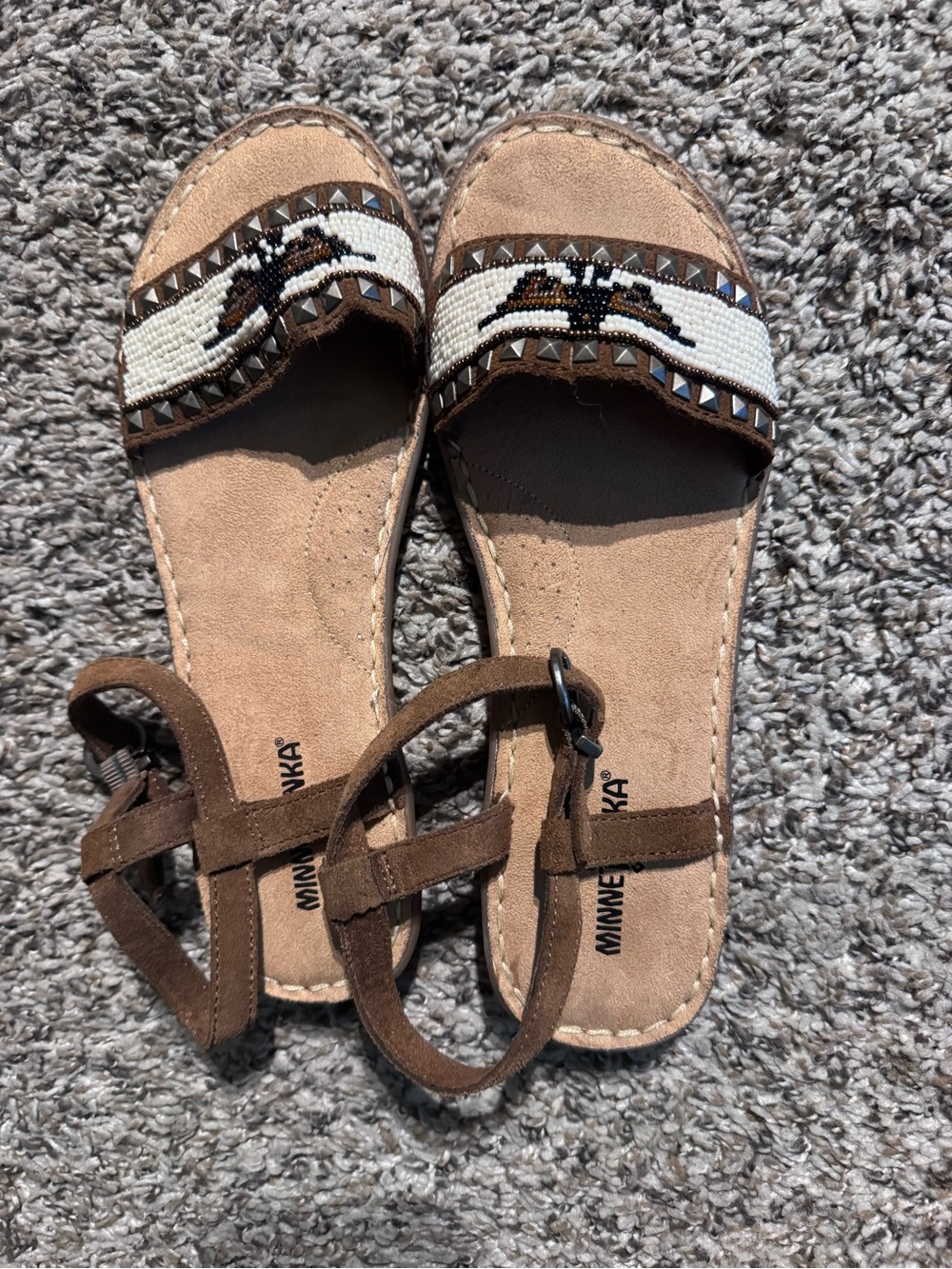 Minnetonka Brown Beaded Suede Ankle-Strap Sandals